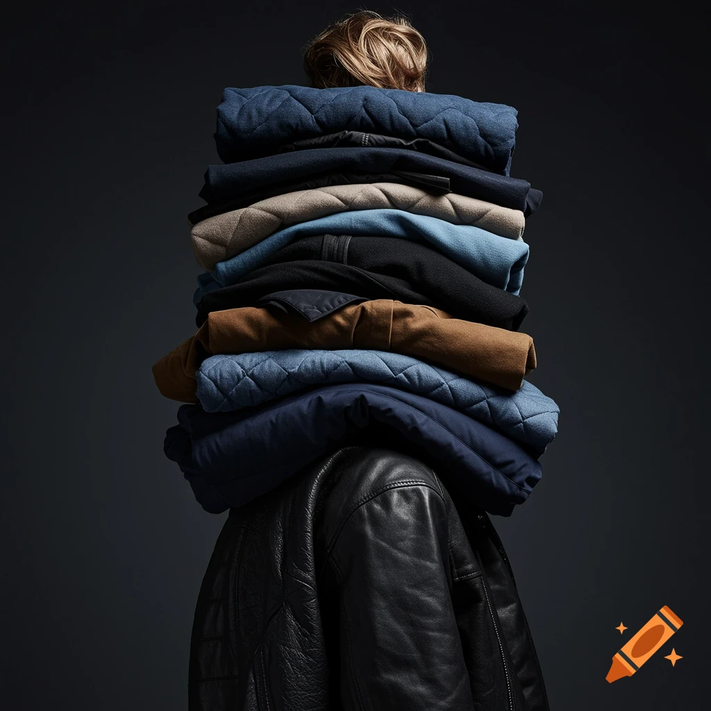 A person from behind wearing a leather jacket, with a tall stack of various folded jackets piled on their head in a photorealistic style.