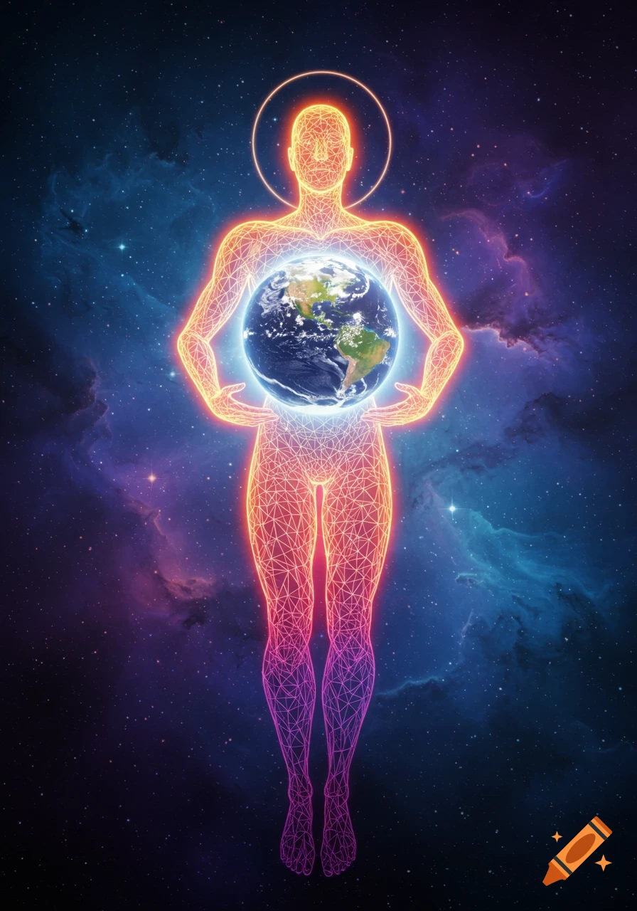 A glowing, wireframe human-like figure holds the Earth in its hands against a starry, colorful nebula background.
