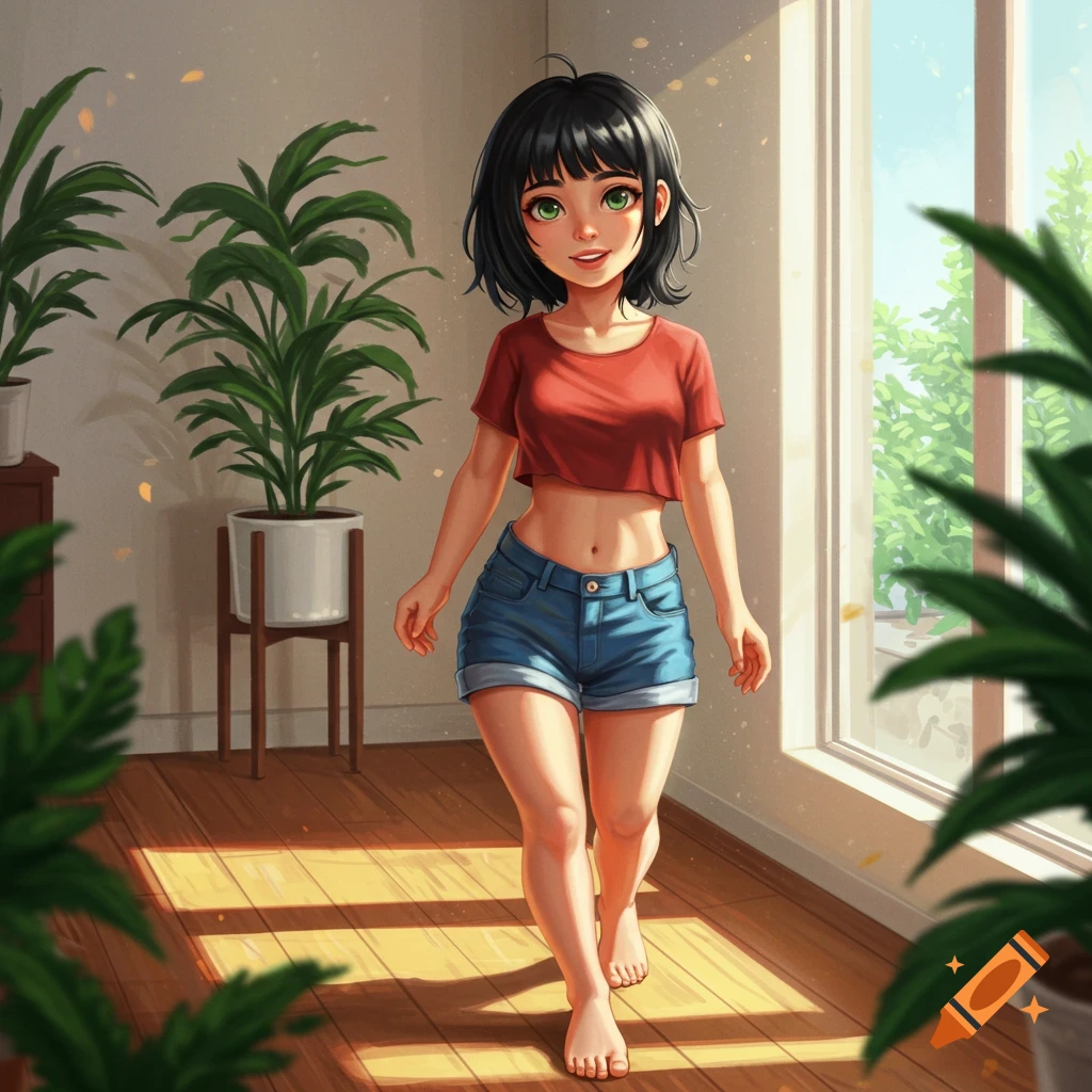 An anime-style woman with black hair, green eyes, in a red crop top and blue jean shorts, walks barefoot on a wooden floor in a sunlit room with houseplants.