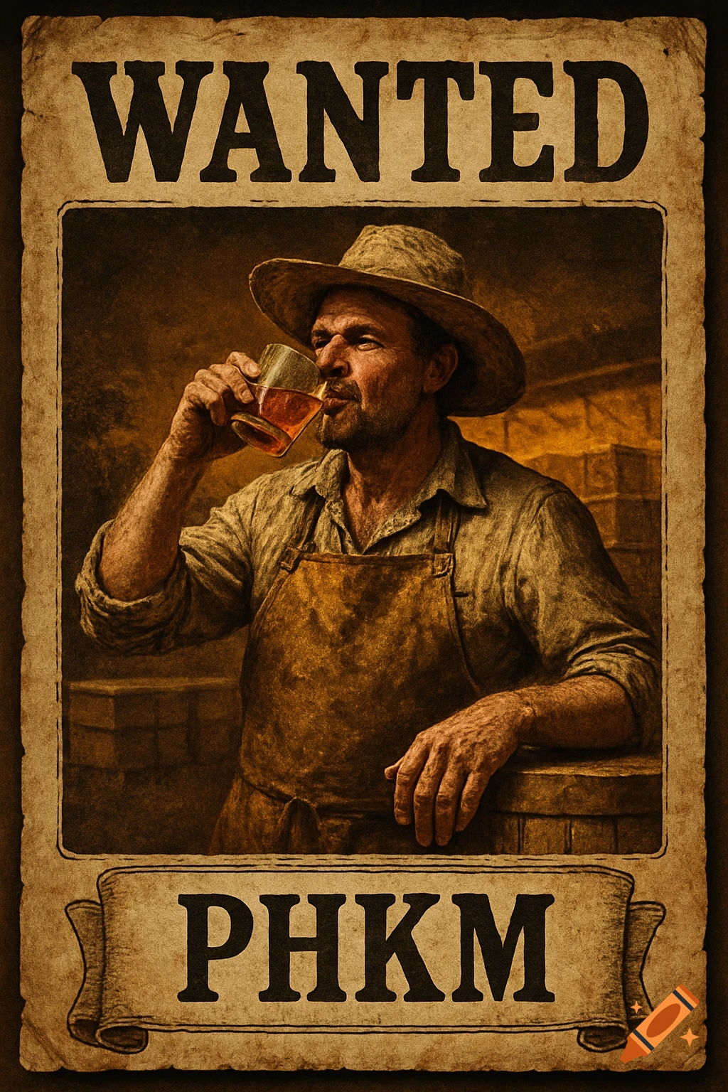 A vintage sepia-toned wanted poster features a man in a hat and apron drinking from a glass, with "WANTED" at the top and "PHKM" at the bottom.