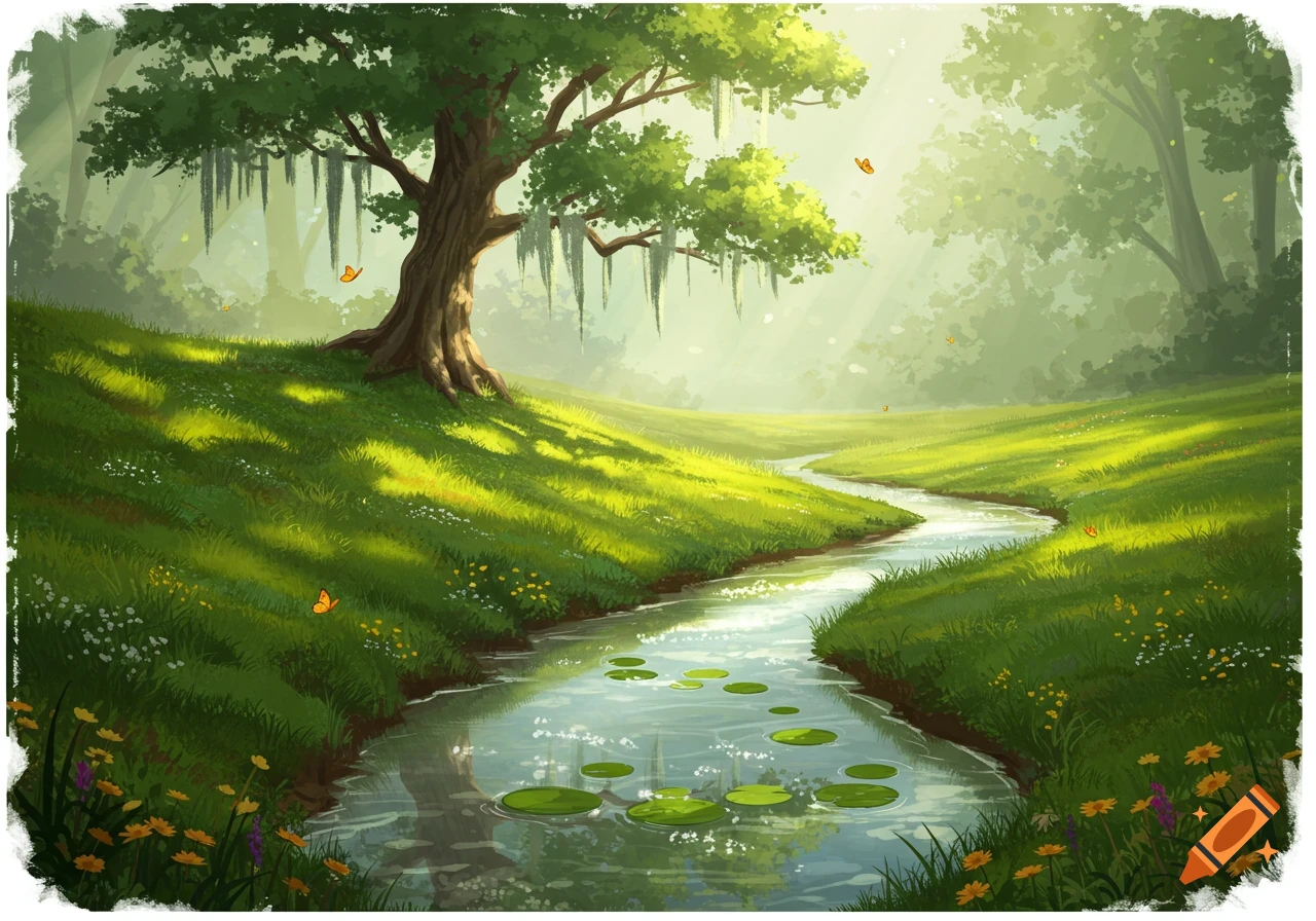 A winding creek flows through a bright green, grassy landscape with a large tree on a hillside under sunbeams, in an illustrative style.