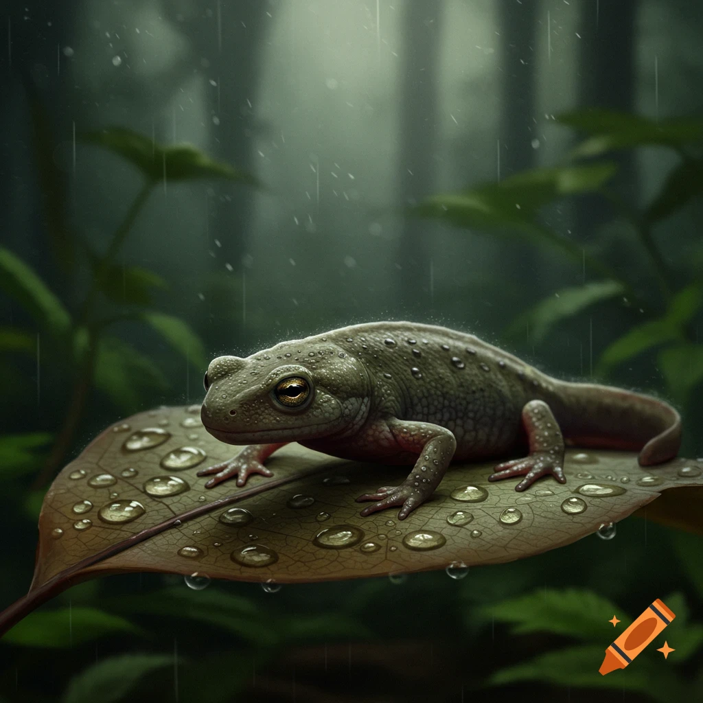 Photorealistic image of a newt covered in water droplets on a wet leaf, with rain falling in a lush forest.