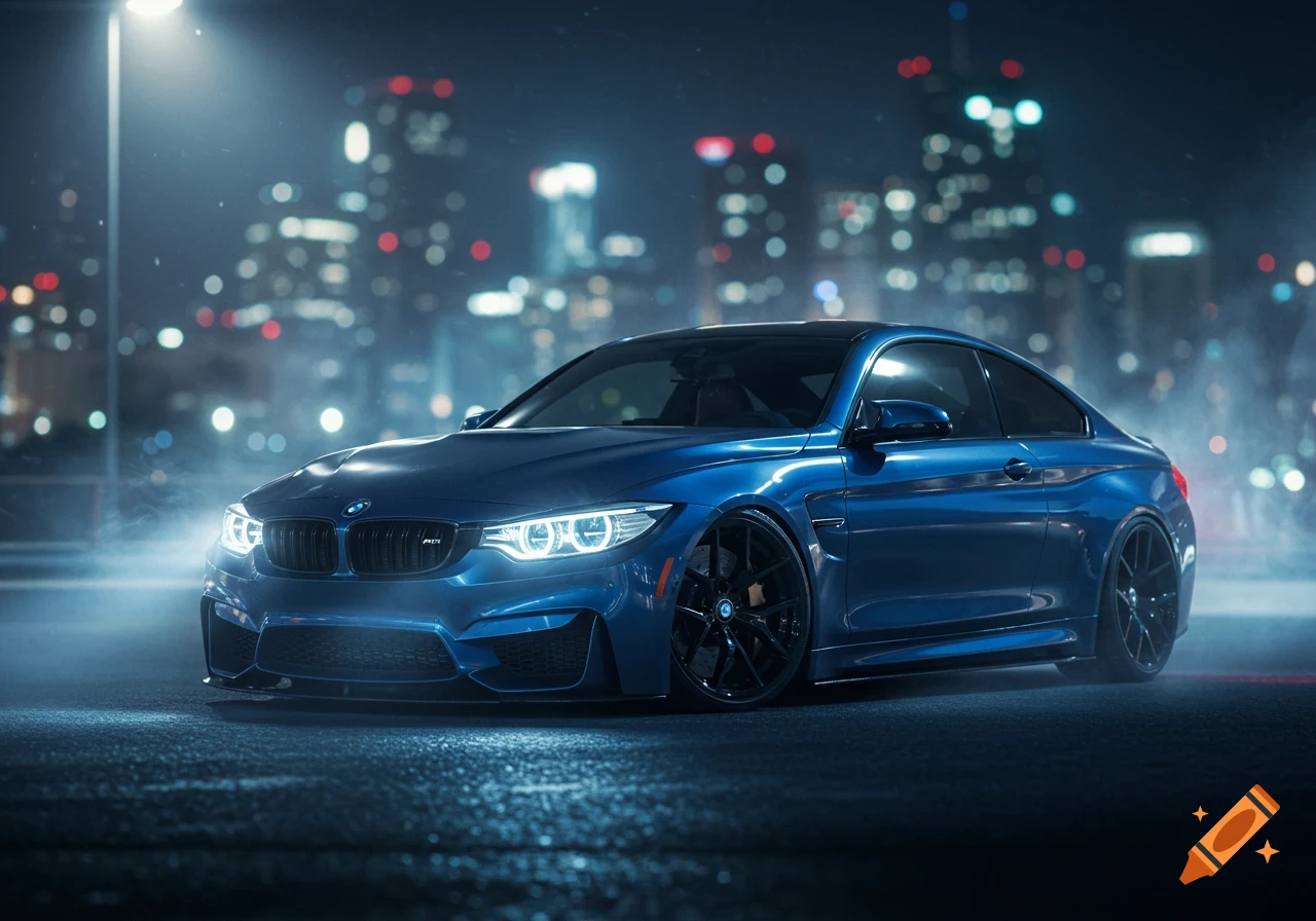 A photorealistic blue BMW M4 sports car parked on a wet street at night, with a blurred city skyline in the background.