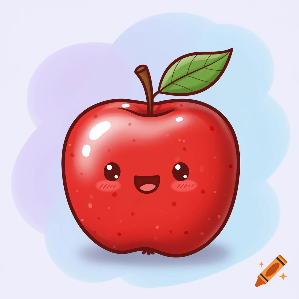 A cute red apple with a smiling face, stem, and leaf, rendered in a whimsical clipart style against a pastel background.