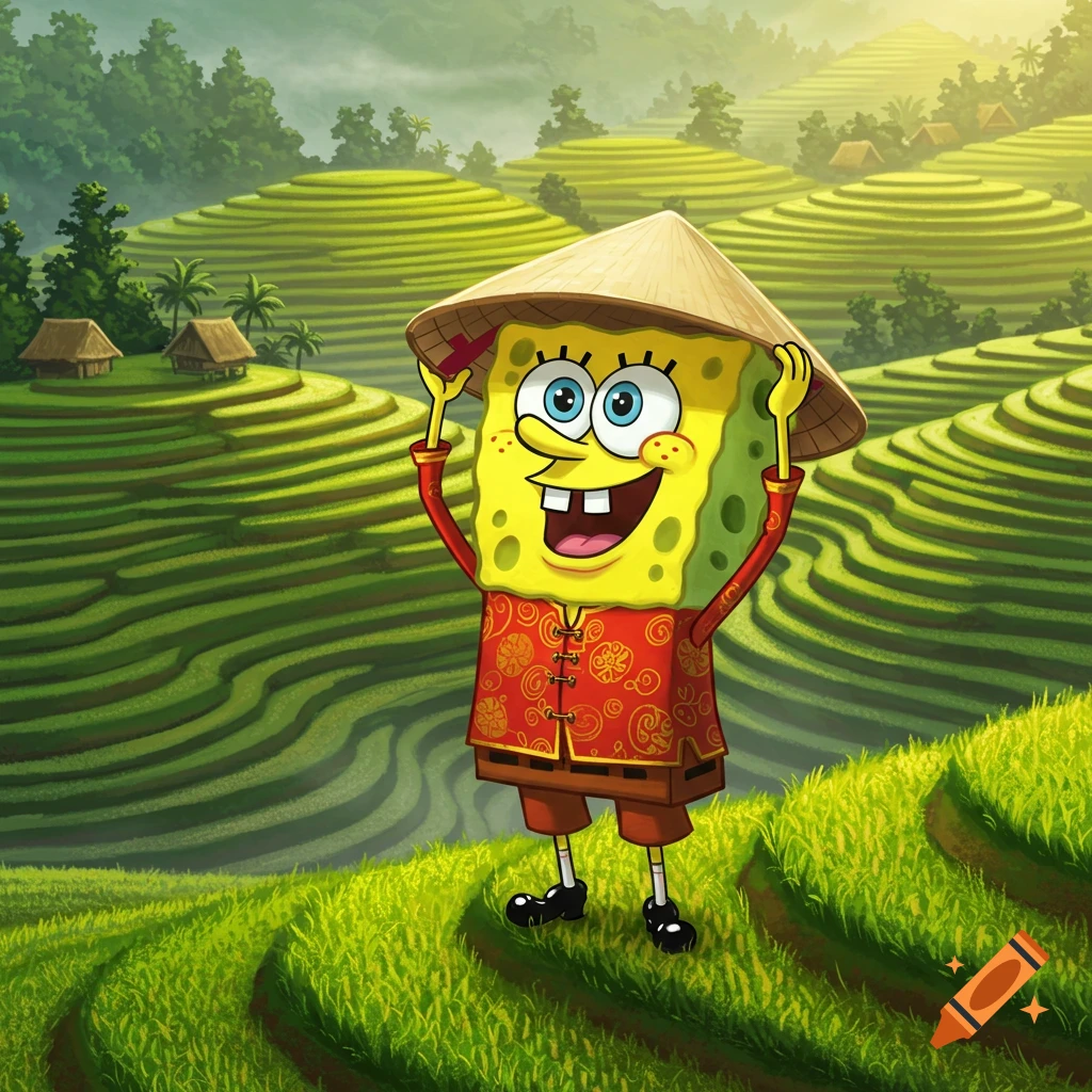 SpongeBob SquarePants wearing a Vietnamese conical hat and traditional red áo dài, standing in lush green rice terraces.