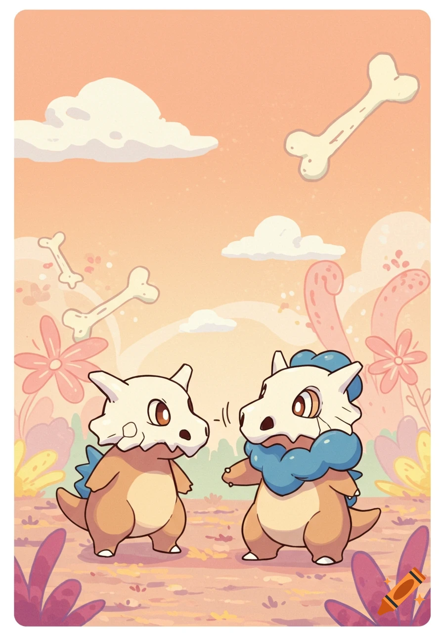 Two cartoon Cubone and Marowak stand in a pastel landscape with floating bones, in a rubber hose animation style.