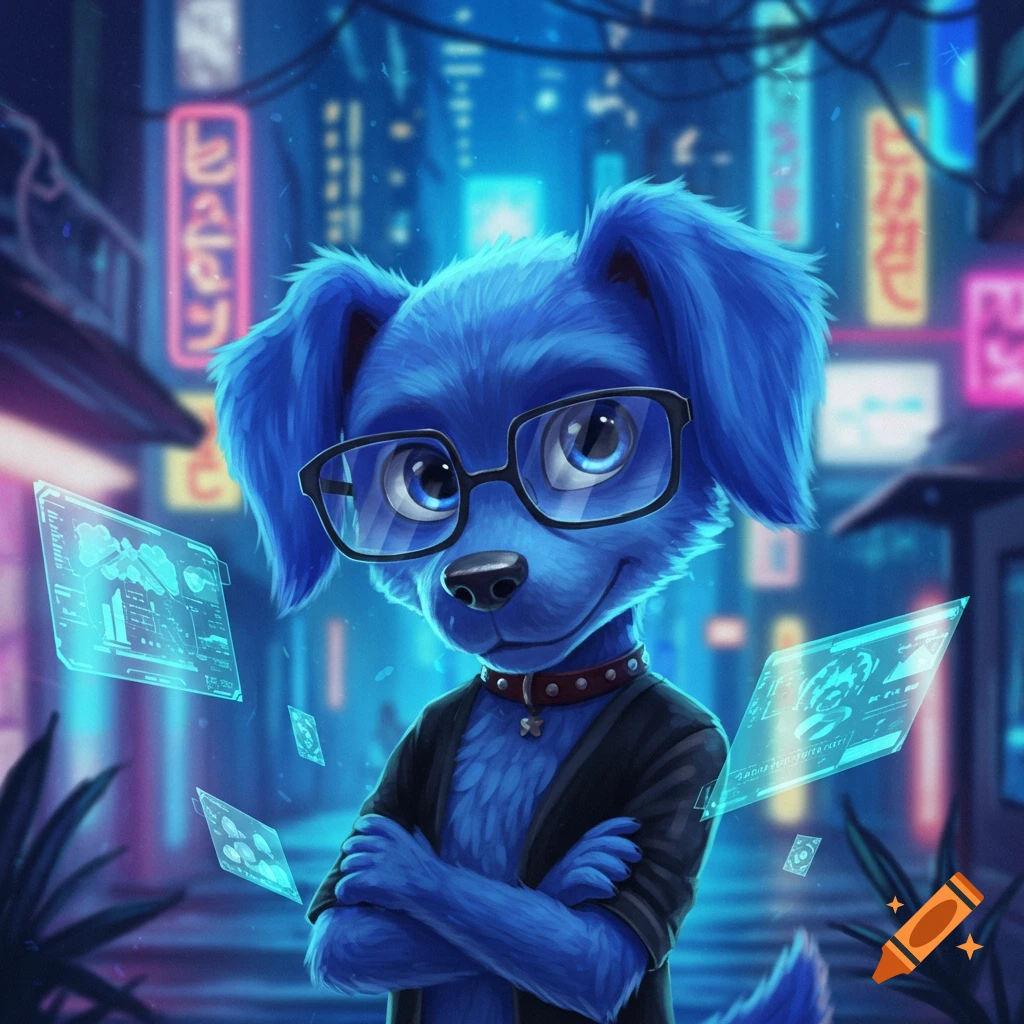 A blue anthropomorphic dog wearing glasses and a jacket, with arms crossed, in a neon cyberpunk city street.
