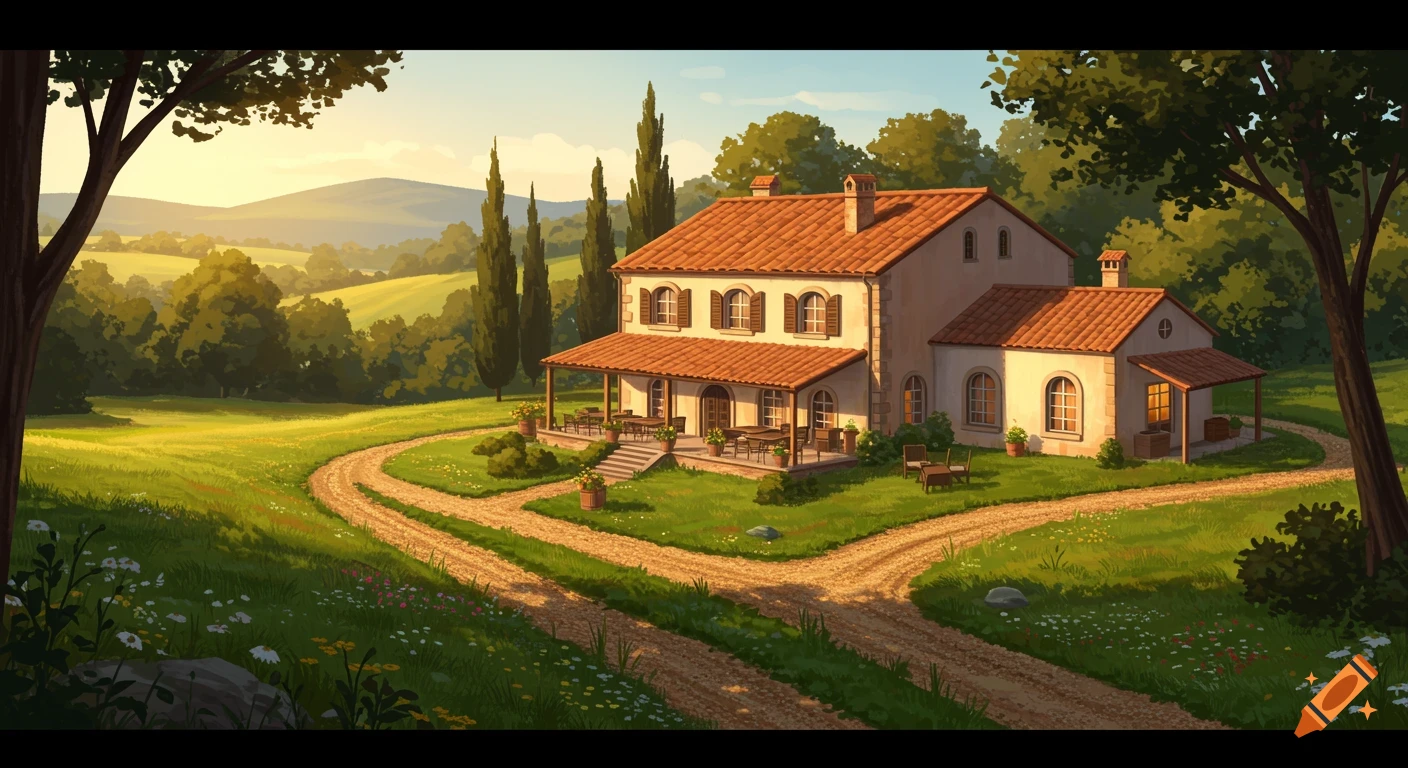 A classic countryside hotel nestled in rolling green hills with trees and a winding dirt road at sunset in a stylized illustration.