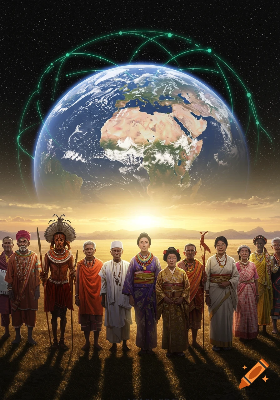 A diverse group of people in traditional attire standing in a field at sunrise, with the Earth and green connecting lines in the sky.