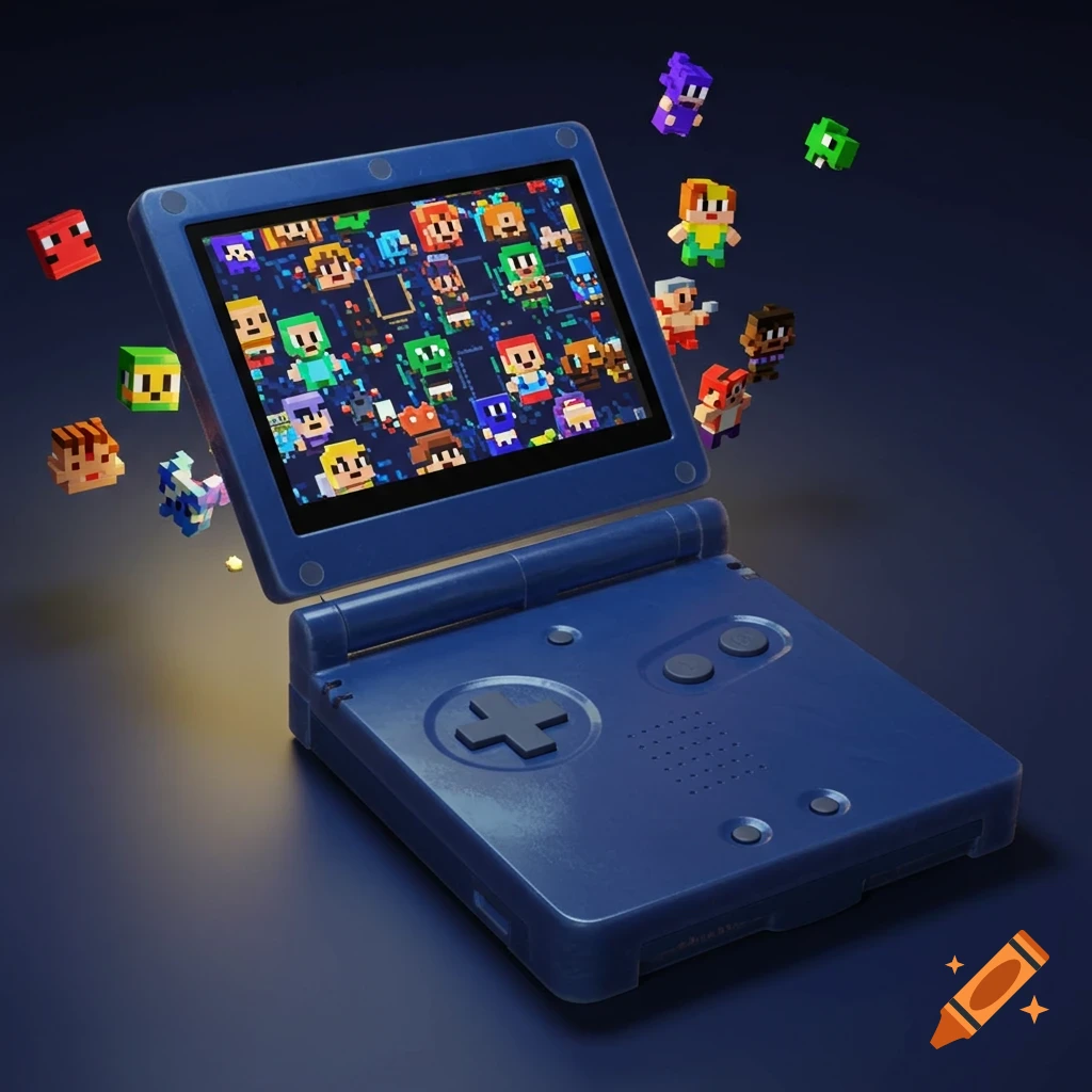 A blue Gameboy Advance console displays a grid of colorful pixelated characters on its screen, with more characters floating around it.