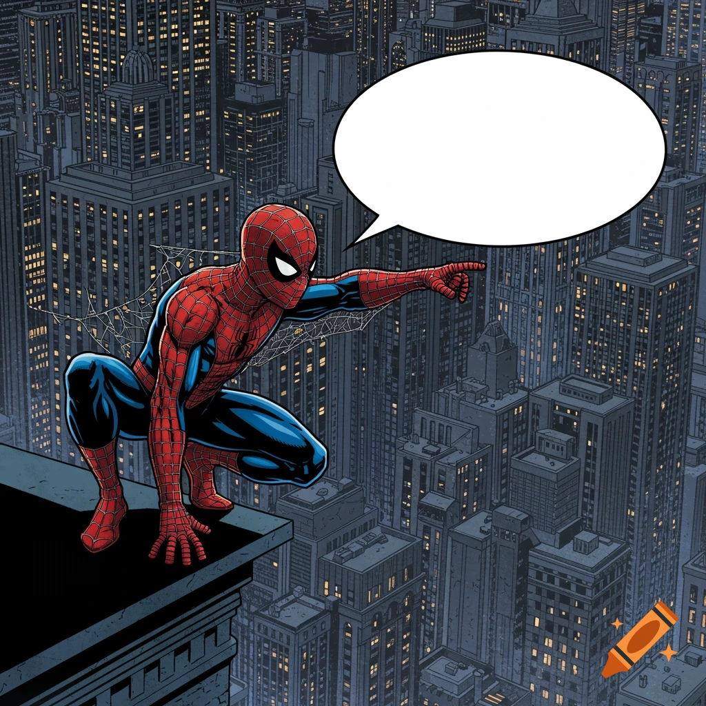 Spider-Man on a rooftop pointing at a blank speech bubble above a city, in a comic book style.