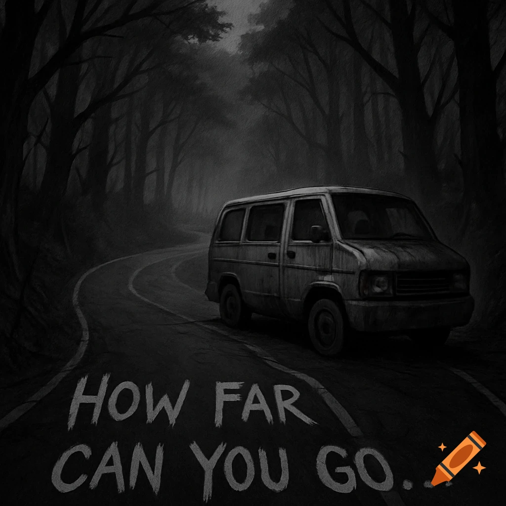 A dark, creepy illustration of a rusty van on a winding road through a misty, black forest. The words 'HOW FAR CAN YOU GO...' are written on the road.