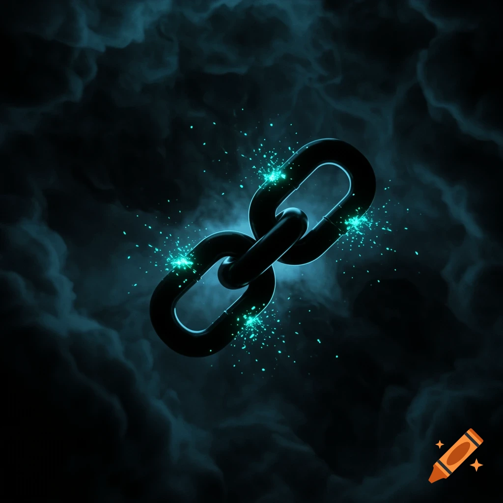 A dark chain link with bright blue sparks on a smoky, dark blue background, rendered in a digital art style.