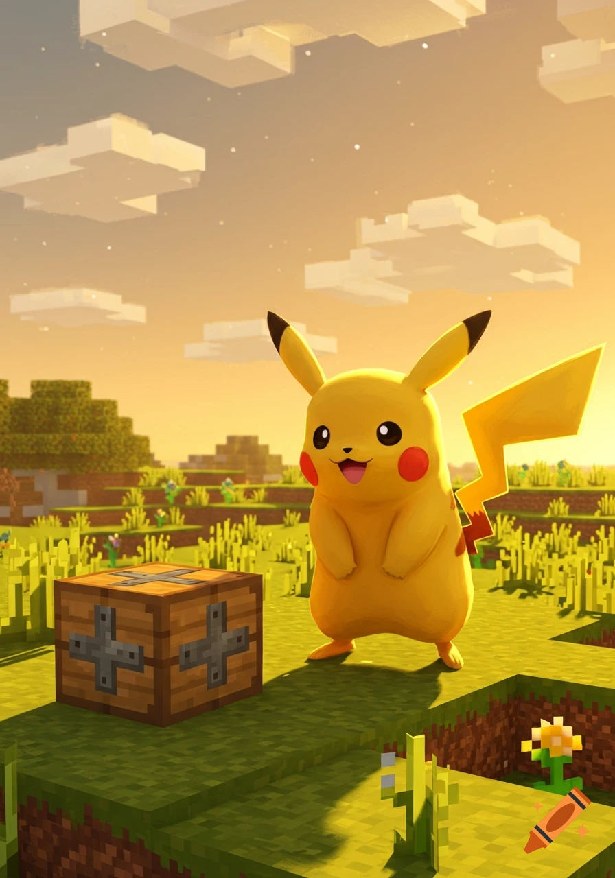 Pikachu stands next to a Minecraft crafting table in a blocky landscape bathed in golden light.