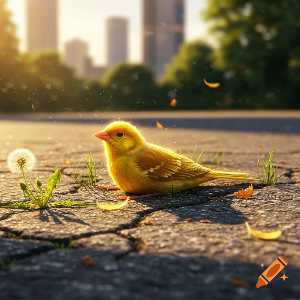 A vibrant yellow bird sits on cracked asphalt in a sunny urban park, with a dandelion and blurred city buildings in the background.