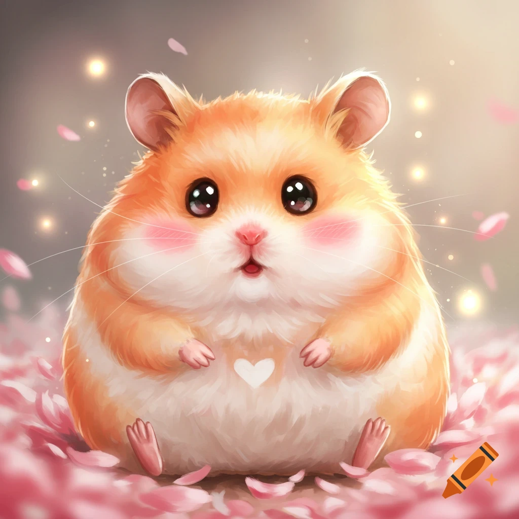 A cute, chubby orange and white hamster with large eyes and rosy cheeks, sitting among pink flower petals with a white heart on its belly.