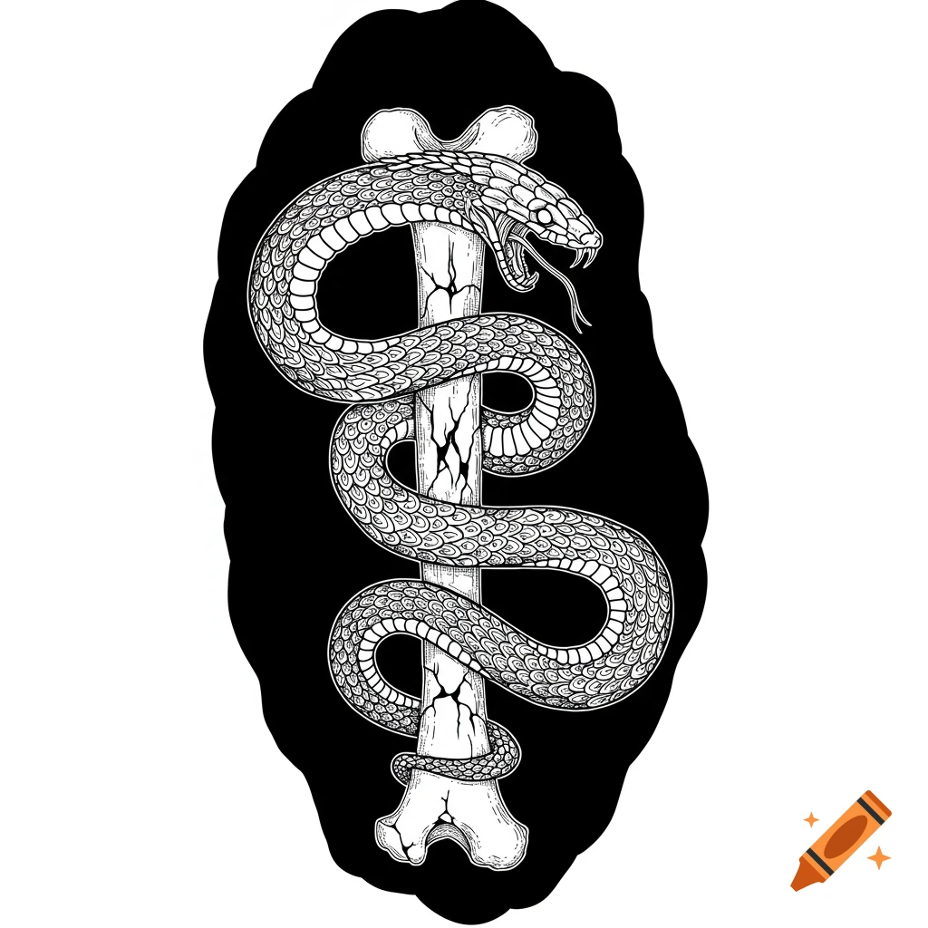 Blackwork illustration of a coiled serpent wrapped around an aged, cracked bone, in a horror occult tattoo style.