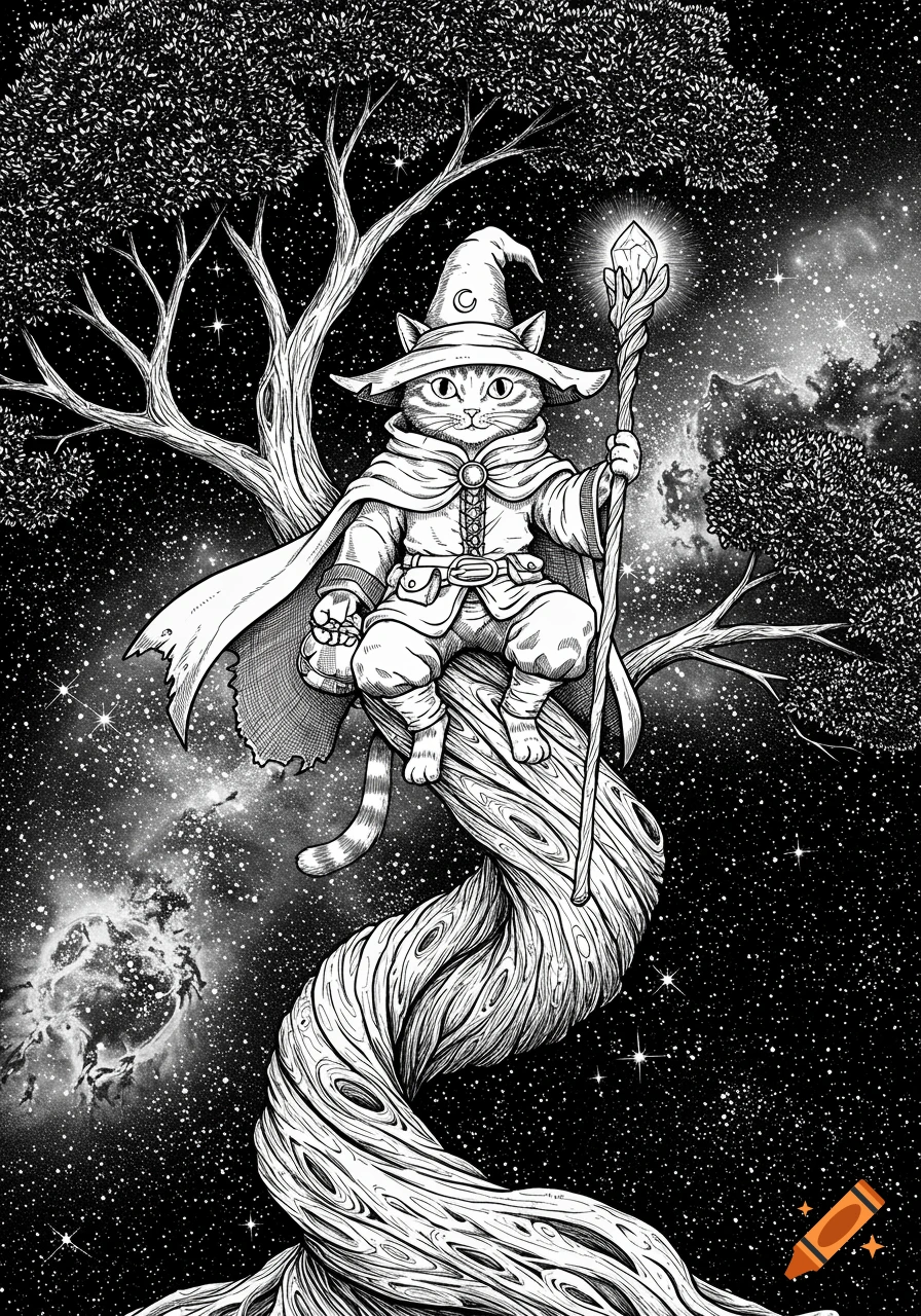 Black and white line art of a cat wizard sitting on a tree branch in space, holding a glowing staff.