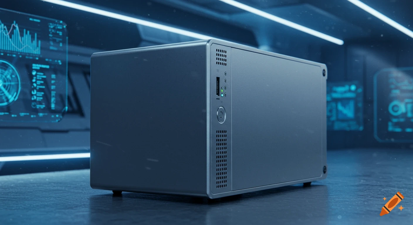 A dark grey server with glowing indicator lights sits on a surface in a futuristic, blue-lit room with holographic displays.
