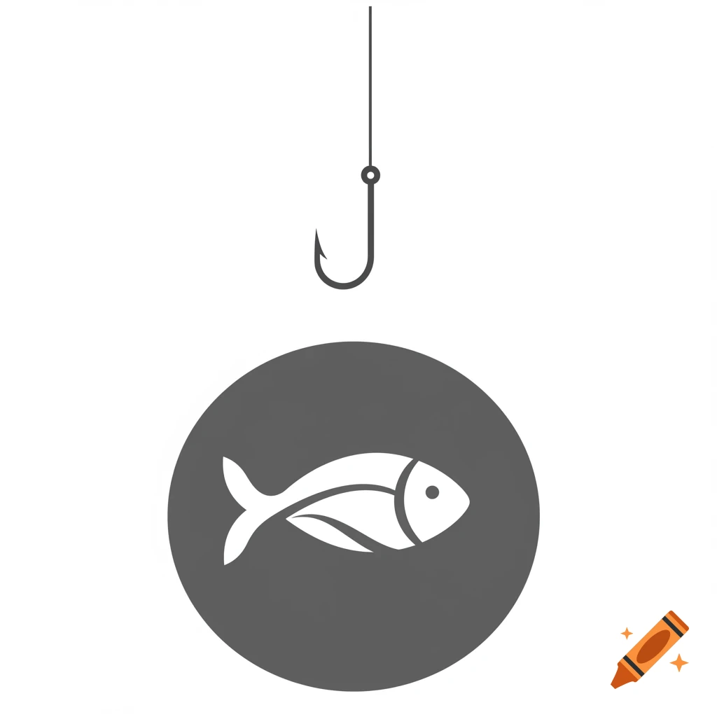 A black fishing hook hangs above a dark gray circle containing a white minimalist fish icon on a white background.