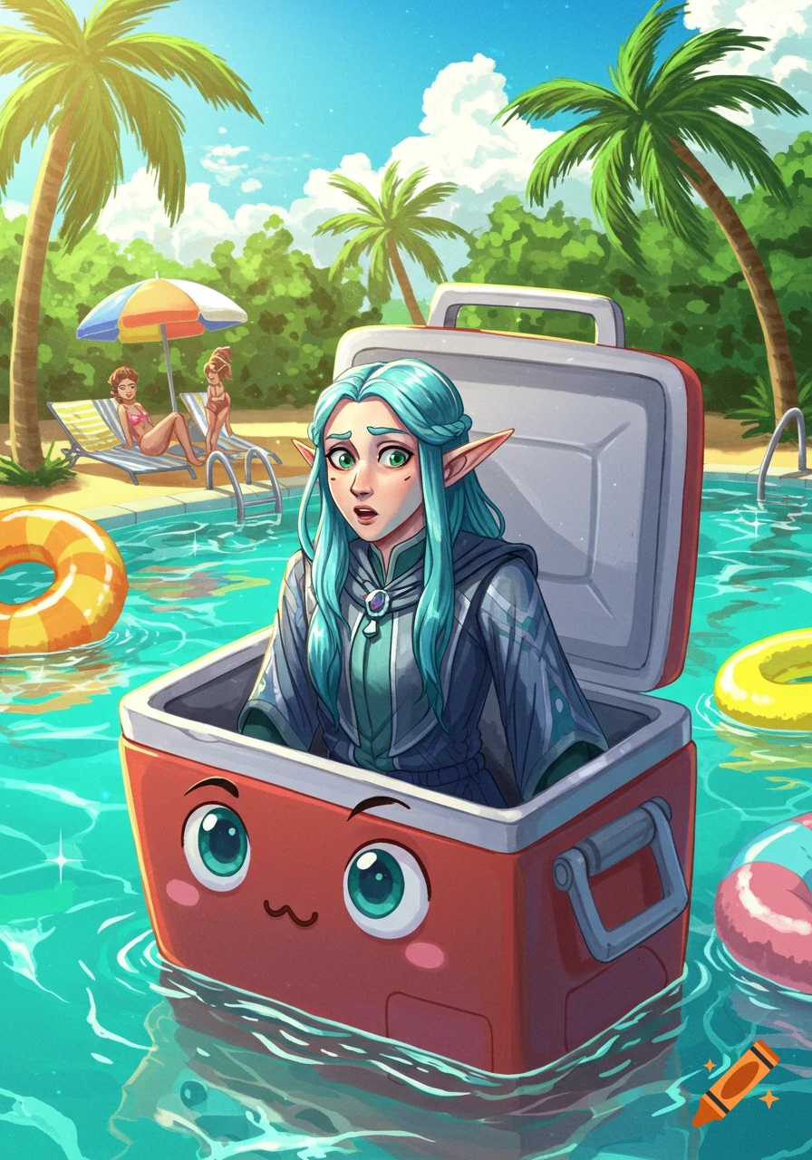 Cartoon anime elf girl Frieren looks surprised floating in a red cooler mimic in a sunny pool with palm trees.