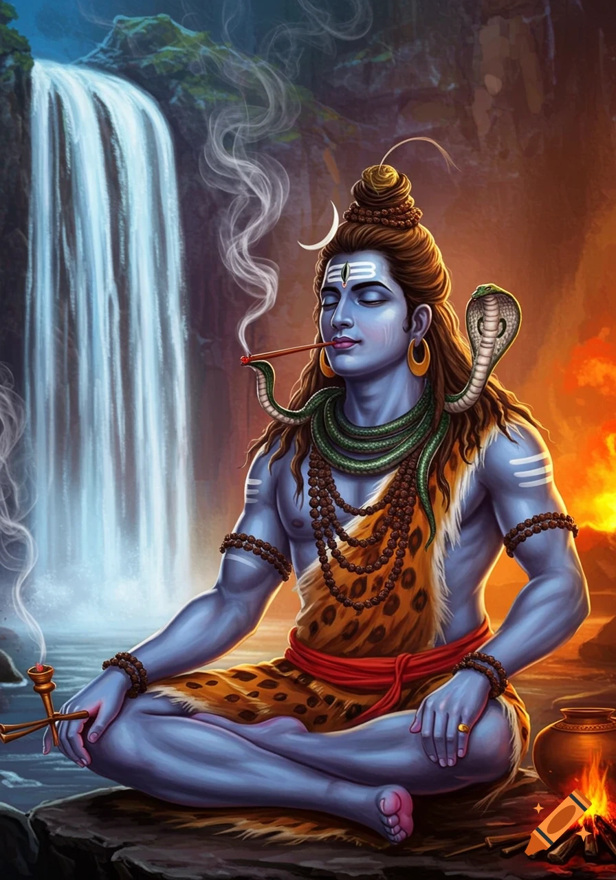 Vibrant illustration of blue-skinned Shiva meditating by a waterfall, smoking a chillum, with a cobra around his neck and fire nearby.