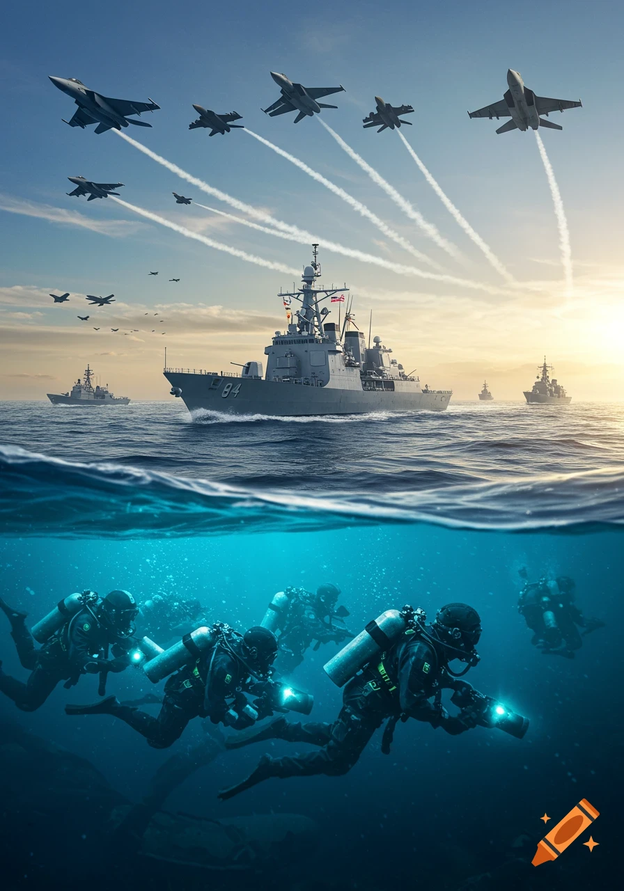 A photorealistic split image showing a fleet of military ships and fighter jets above water and a group of scuba divers swimming underwater.