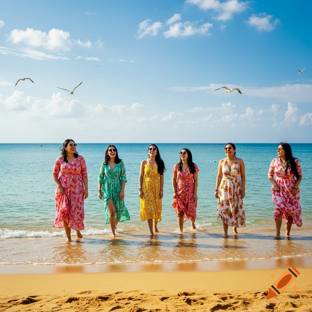 Six women in colorful dresses walk in the shallow water on a sunny beach under a blue sky with seagulls.
