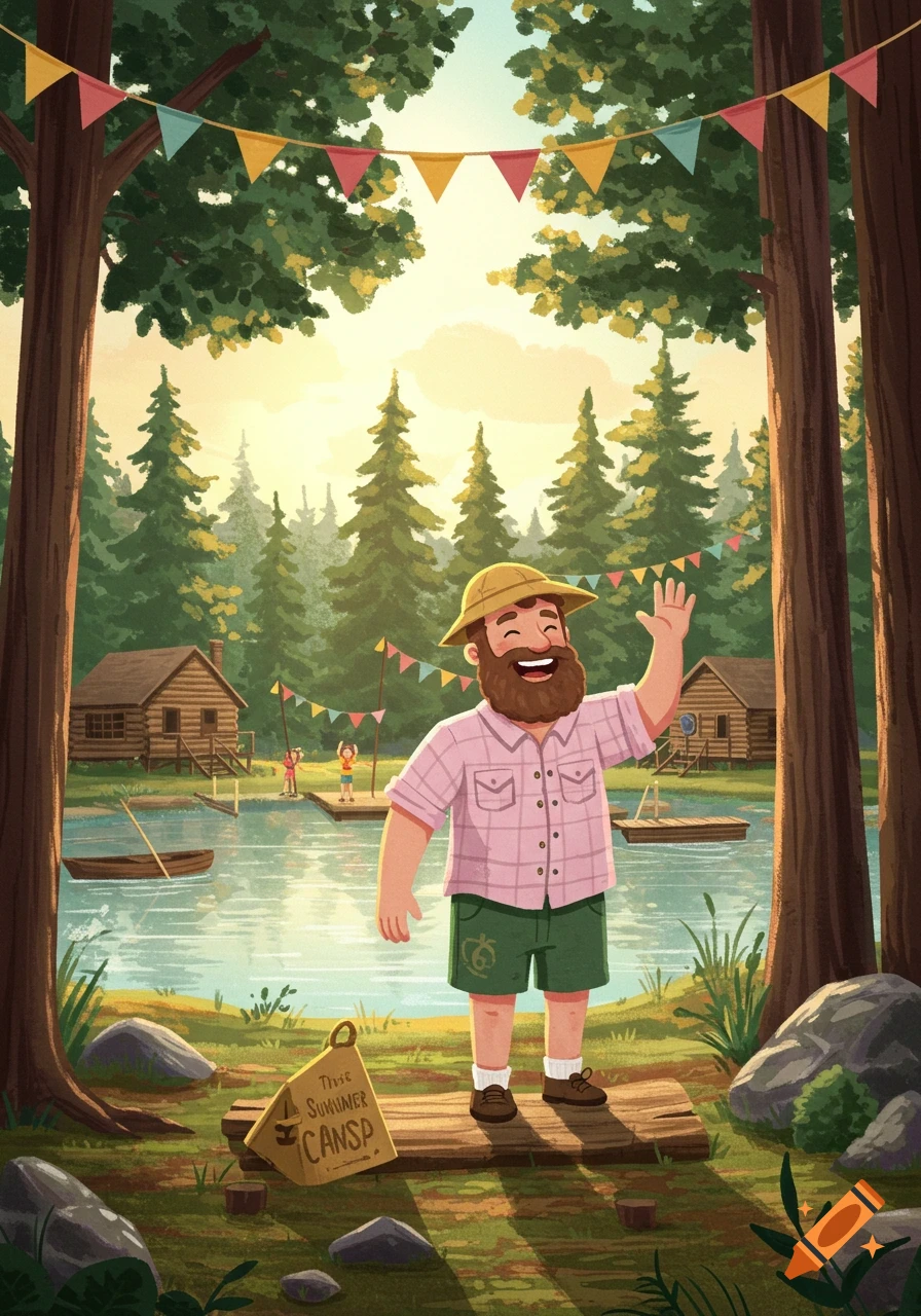 A cartoon man with a beard waves at a summer camp by a lake, with cabins and trees in the background.