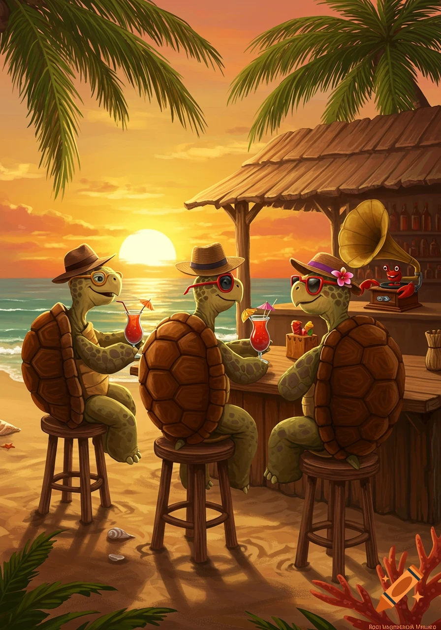 Three cartoon turtles in hats and sunglasses sit at a beach bar drinking cocktails as the sun sets over the ocean in a vibrant illustration.