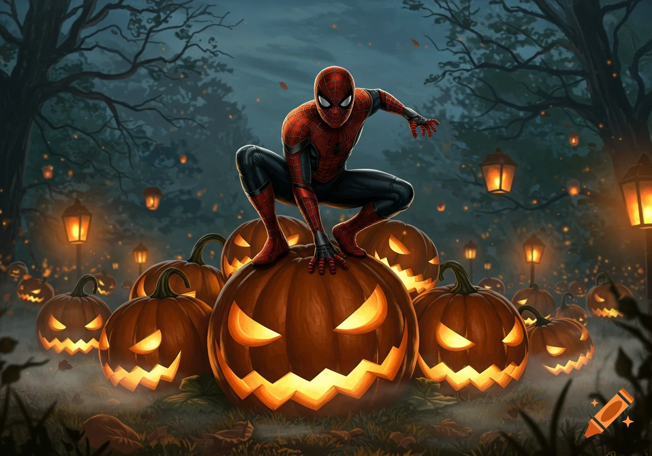 Spider-Man crouches on a glowing jack-o'-lantern amidst many other lit pumpkins and lanterns in a spooky Halloween forest at night.