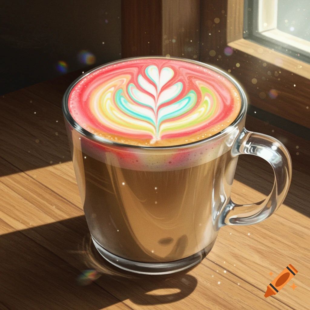 Photorealistic rainbow-colored latte art in a clear glass mug on a wooden table with sunlight from a window.