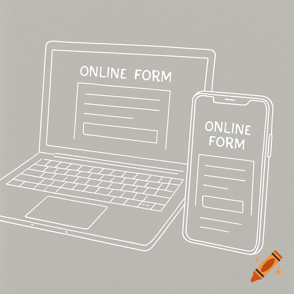 Hand-drawn illustration of a laptop and mobile phone, both displaying an online form, with clean white lines on a gray background.