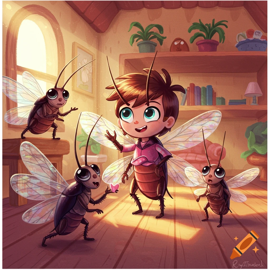 A whimsical cartoon shows a boy with wings and cockroach features interacting with three anthropomorphic cockroaches in a brightly lit house.