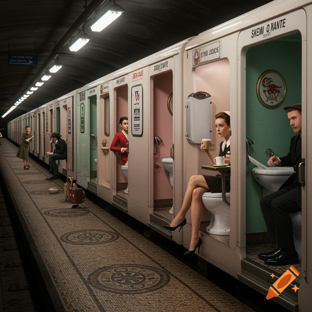 People sit in individual, brightly colored toilet compartments on a train stopped at a subway platform, in a surreal, retro-style photorealistic image.