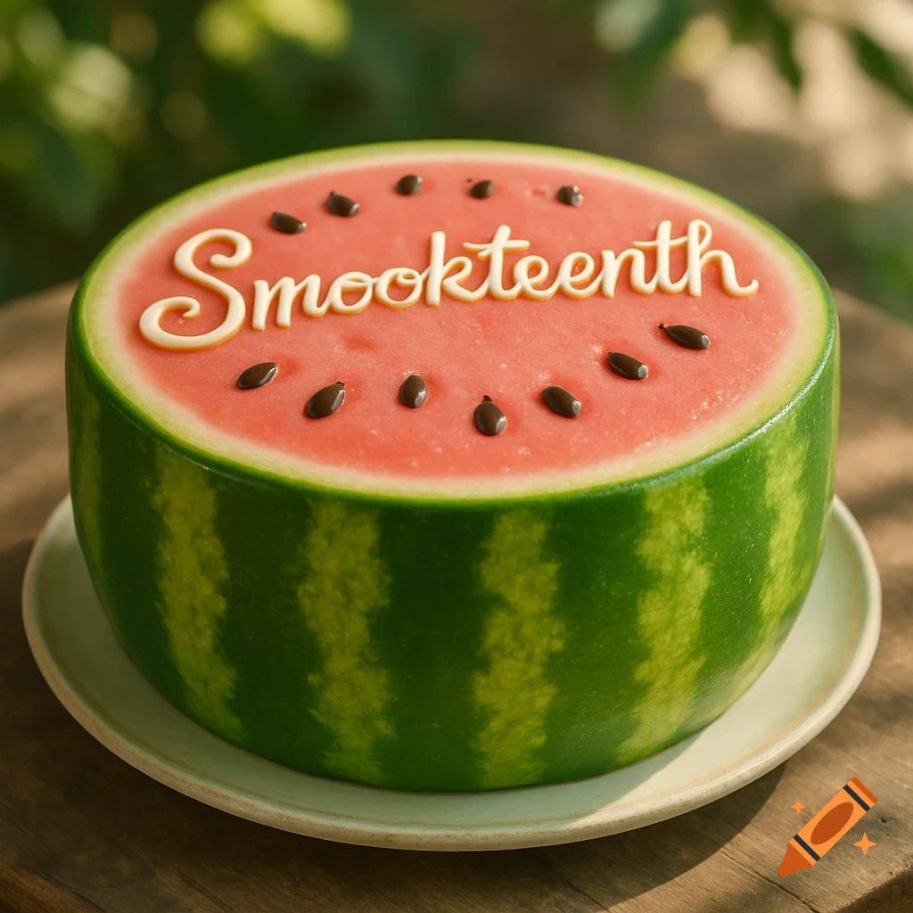A photorealistic watermelon-shaped cake with 'Smookteenth' written in white icing on top, surrounded by chocolate seeds, on a wooden table.