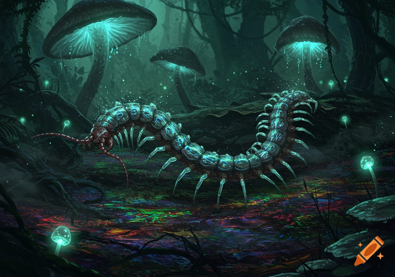 A glowing mutated centipede crawls through a bioluminescent forest with large, glowing mushrooms and vibrant, colorful ground cover, in a dark fantasy art style.