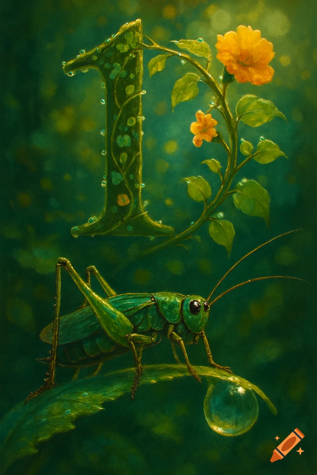 A green cricket on a leaf near a large plant-covered number one with orange flowers and water droplets.