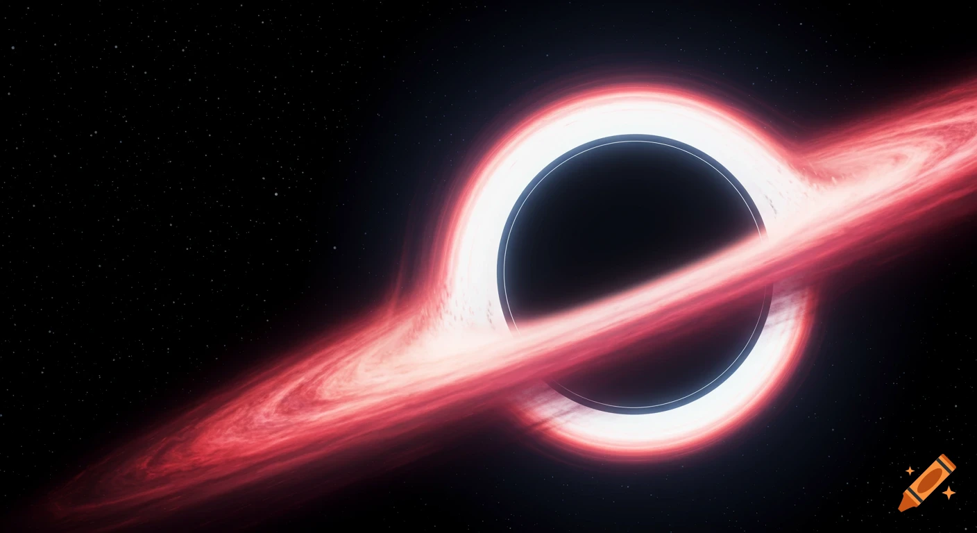 A realistic rotating black hole with a glowing red and white accretion disk against a starry black background.