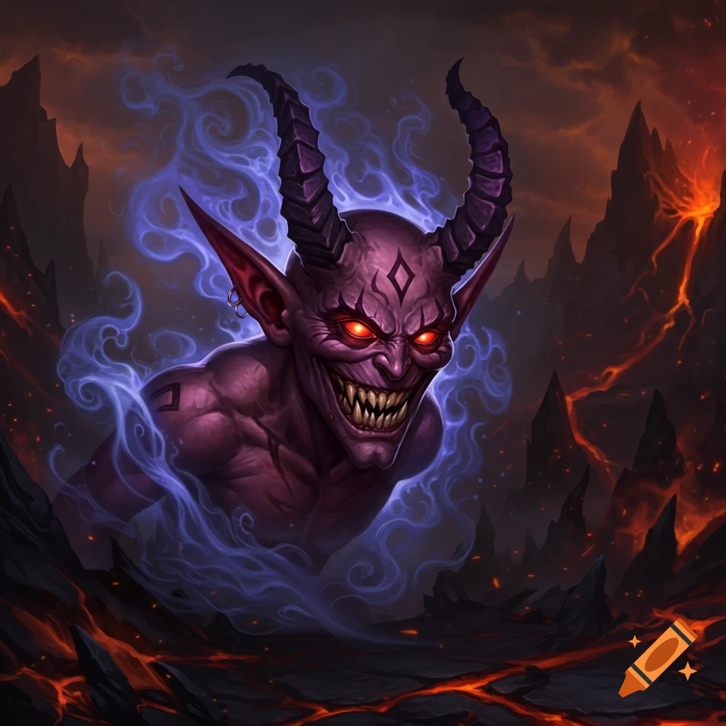 A purple-skinned demon with glowing red eyes, sharp teeth, and large horns emerges from blue smoke in a fiery, volcanic landscape, in a fantasy art style.
