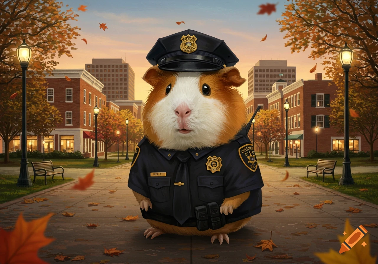 A cute guinea pig dressed as a police officer stands on an autumn street lined with trees and buildings, with leaves falling.