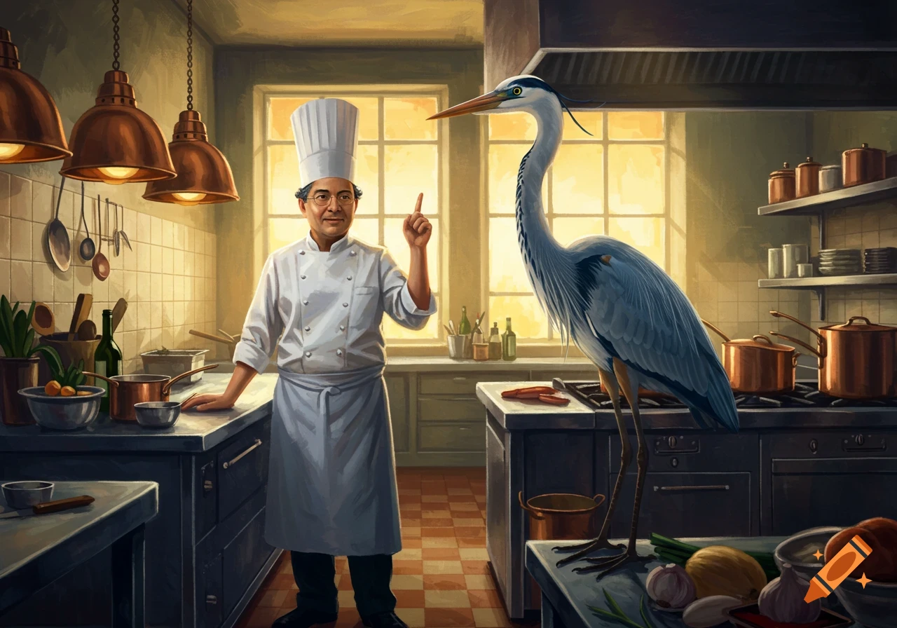 A chef in a white uniform stands in a kitchen, gesturing with one hand, next to a tall grey heron perched on a counter. The kitchen has copper pots and large windows.