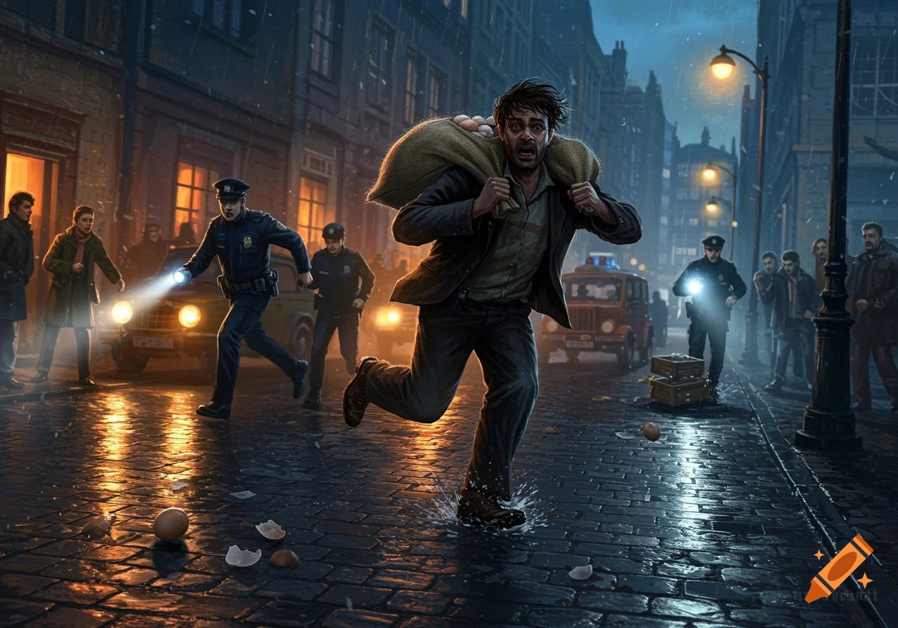 A man carrying a sack runs from police officers through a rainy, dimly lit city street at night, dropping eggs behind him.
