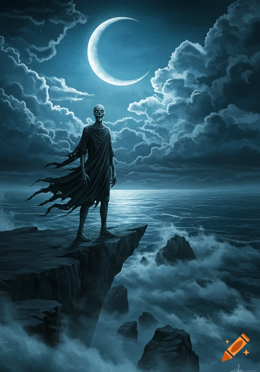 A skeletal figure stands on a cliff overlooking a stormy ocean under a crescent moon and dramatic clouds in a dark, stylized horror artwork.