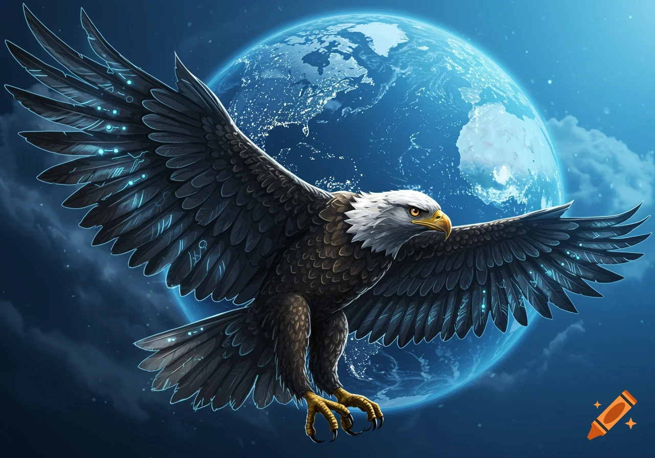 A majestic stylized eagle with glowing blue circuit-like patterns on its wings flies in front of a blue Earth at night.