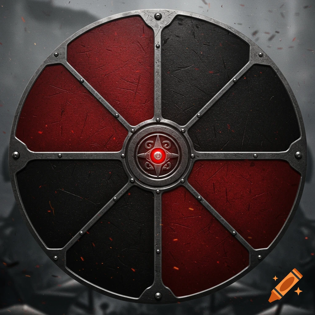 A circular shield with alternating red and black segments, a metal frame, and a glowing red central emblem.