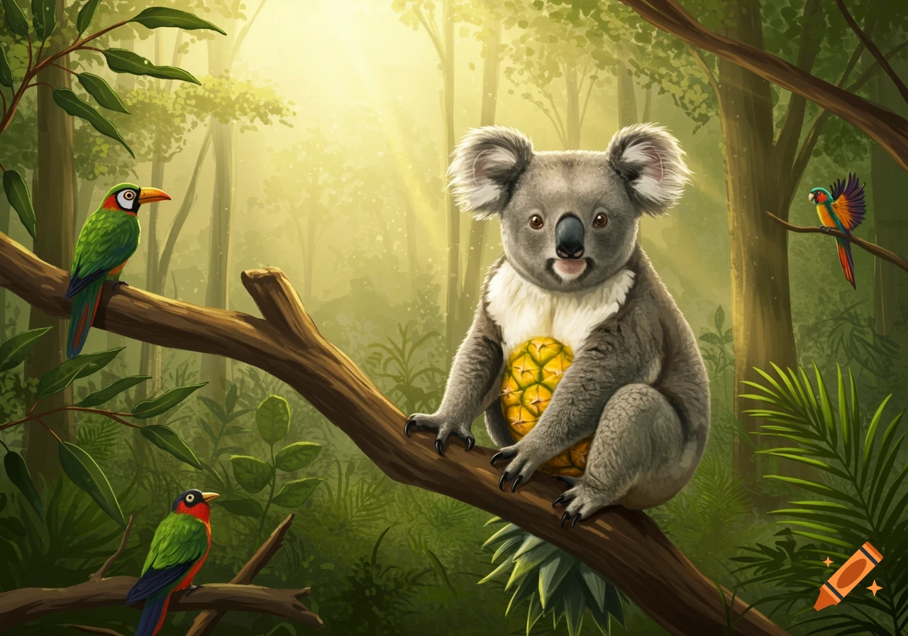 A koala with a pineapple body sits on a tree branch in a sunlit jungle, with two colorful birds nearby. Digital illustration.