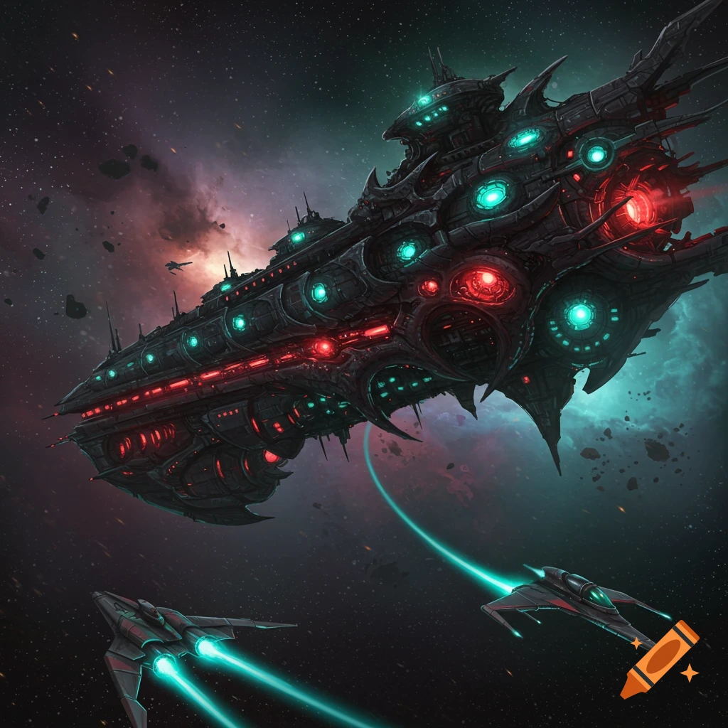 A large, menacing dark spaceship with glowing red and green lights dominates a vibrant space scene, with smaller fighters nearby.