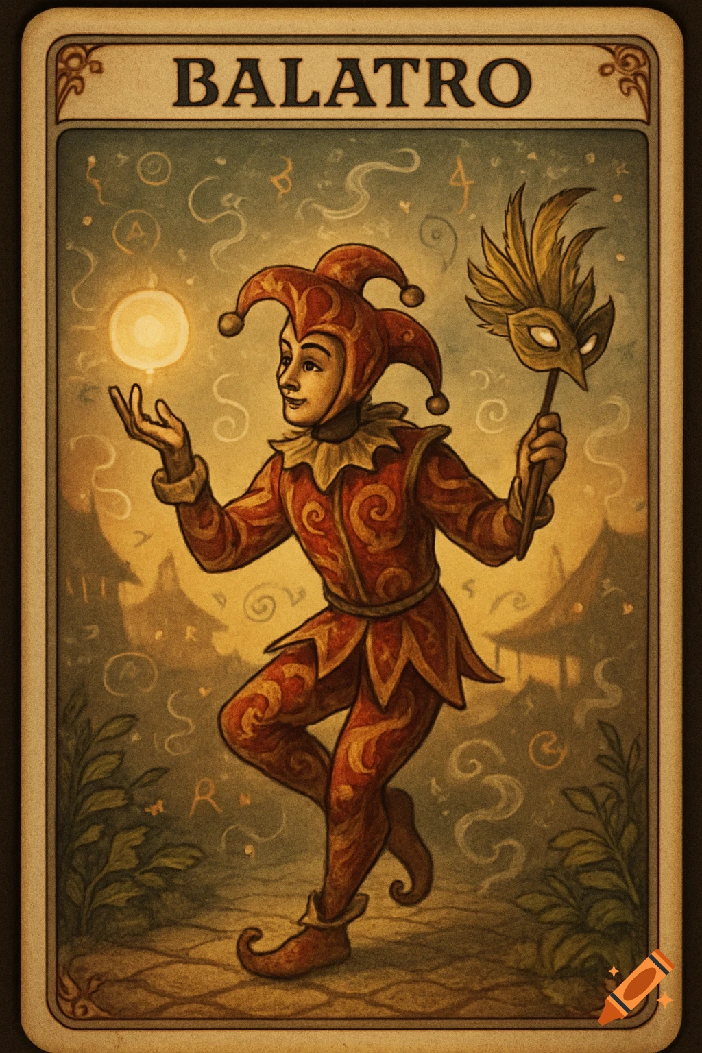 Vintage-style illustration of a jester on a card, holding a glowing orb and a feathered mask, with 'BALATRO' text.