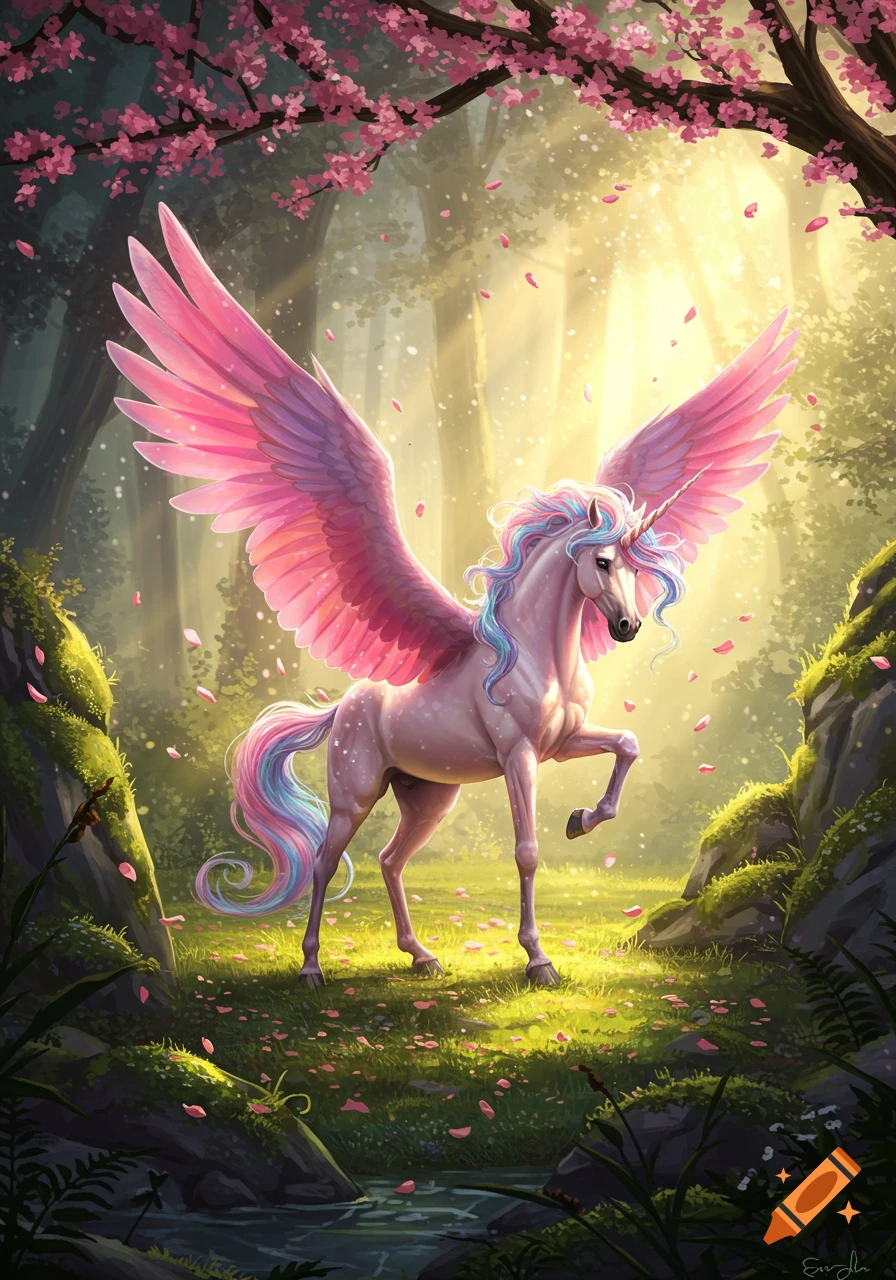 A majestic unicorn with vibrant pink and purple wings stands in a sunlit enchanted forest with falling cherry blossoms.